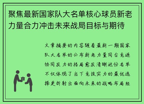 聚焦最新国家队大名单核心球员新老力量合力冲击未来战局目标与期待