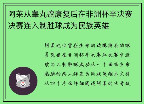阿莱从睾丸癌康复后在非洲杯半决赛决赛连入制胜球成为民族英雄